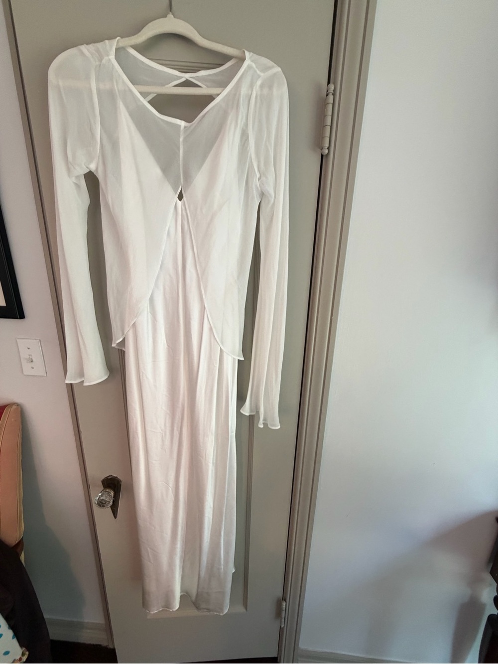 White Long-Sleeve Midi Dress with Overlayer Detail